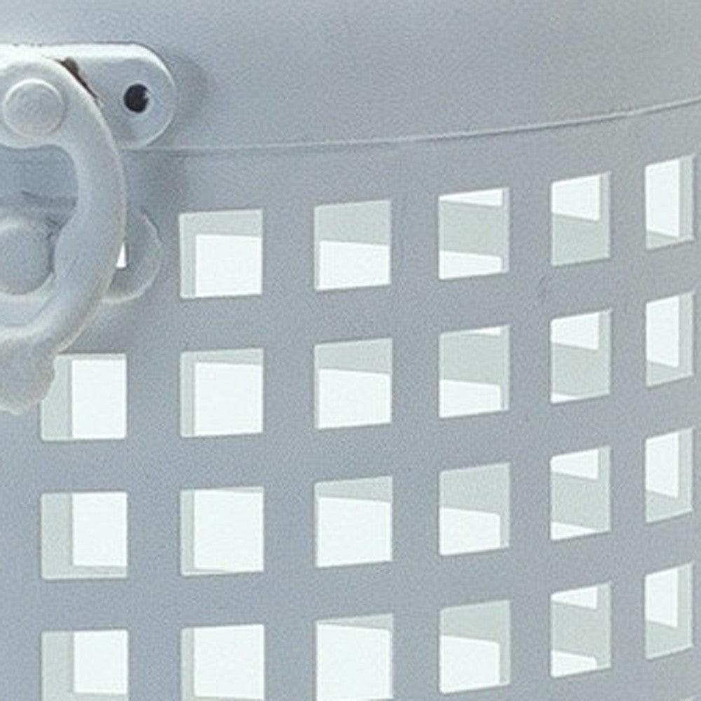 14" White Distressed Lattice Iron Floor Lantern Candle Holder-Candle Holders-DECOROLALA