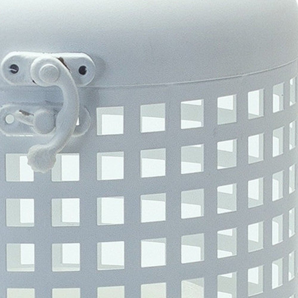 14" White Distressed Lattice Iron Floor Lantern Candle Holder-Candle Holders-DECOROLALA