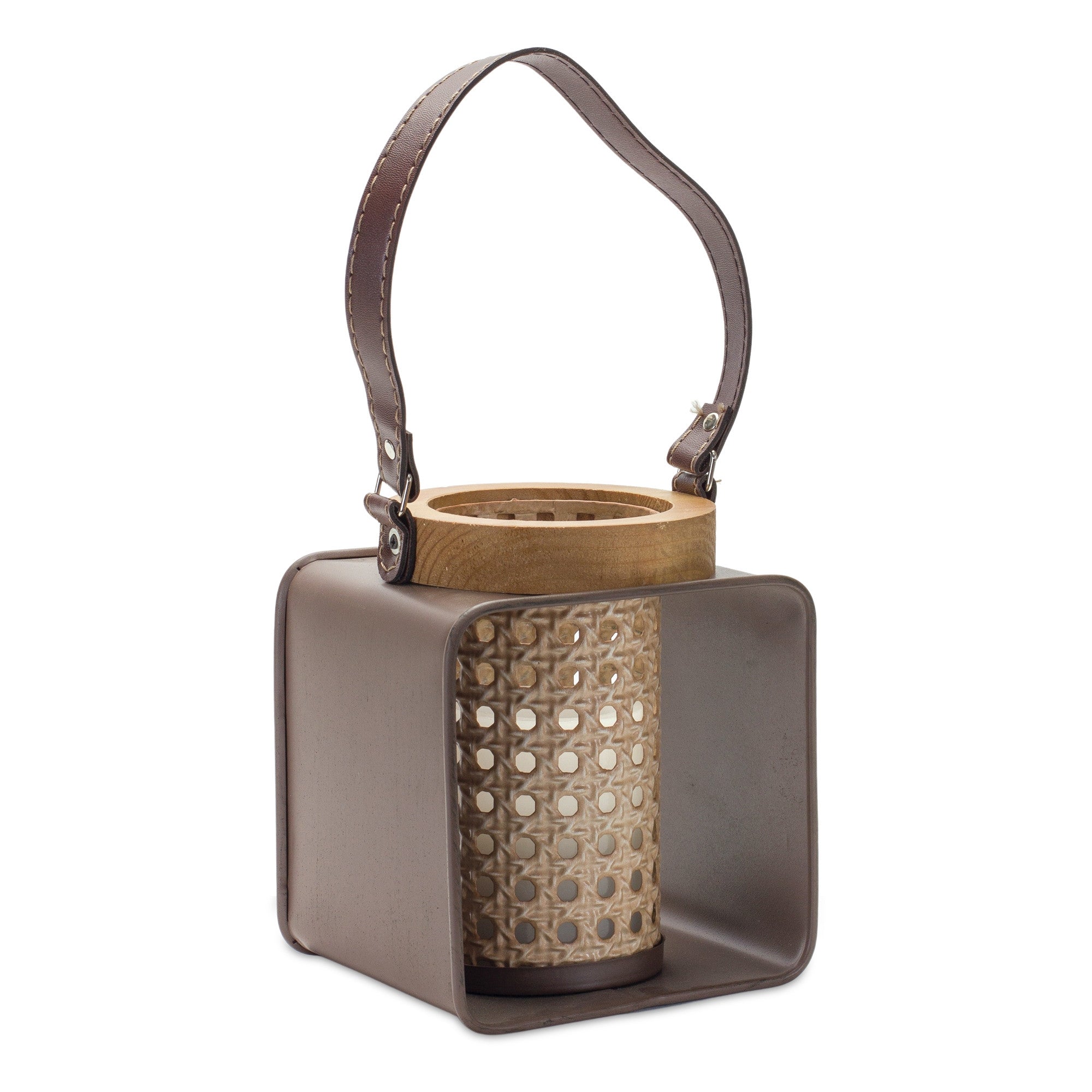 7" Natural And Brown Distressed Lattice Iron And Wood Tabletop Lantern Candle Holder-Candle Holders-DECOROLALA