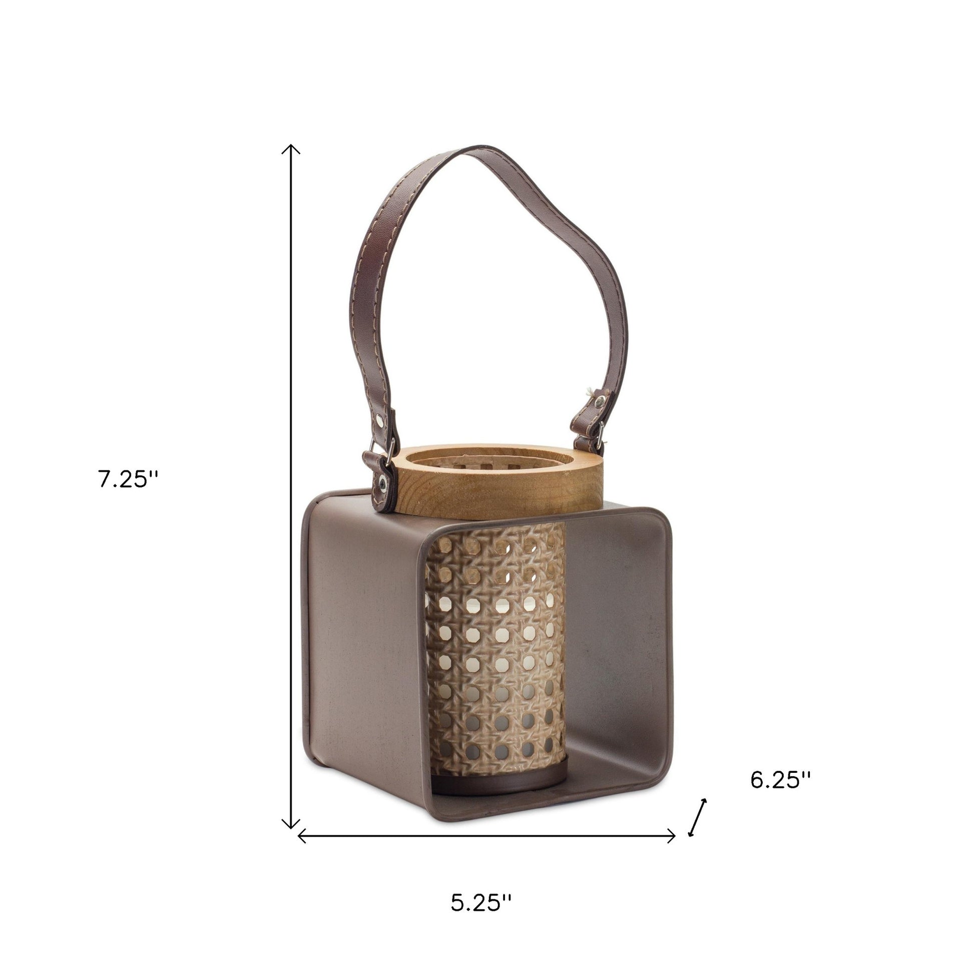 7" Natural And Brown Distressed Lattice Iron And Wood Tabletop Lantern Candle Holder-Candle Holders-DECOROLALA