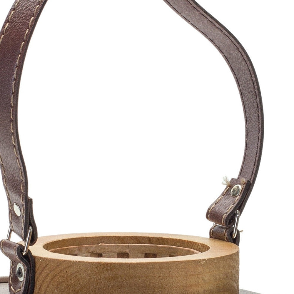 7" Natural And Brown Distressed Lattice Iron And Wood Tabletop Lantern Candle Holder-Candle Holders-DECOROLALA