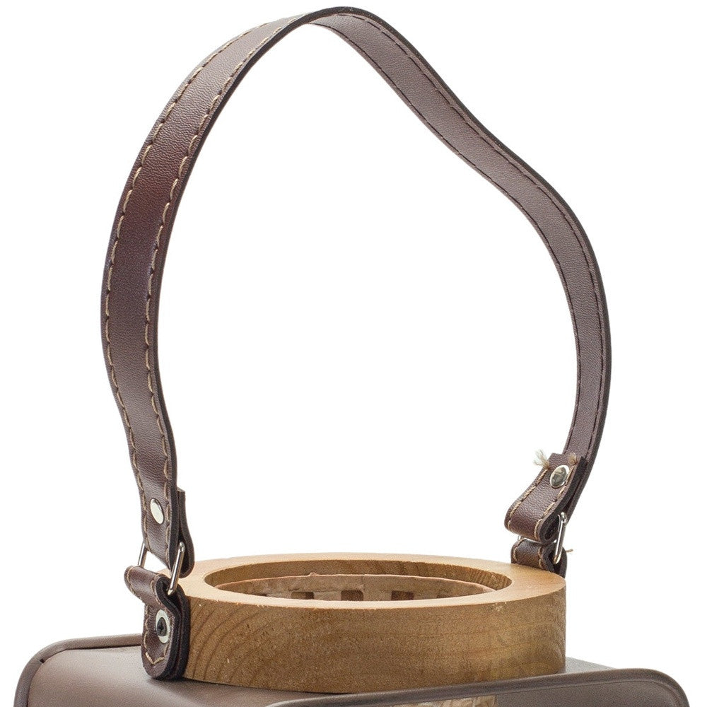 7" Natural And Brown Distressed Lattice Iron And Wood Tabletop Lantern Candle Holder-Candle Holders-DECOROLALA