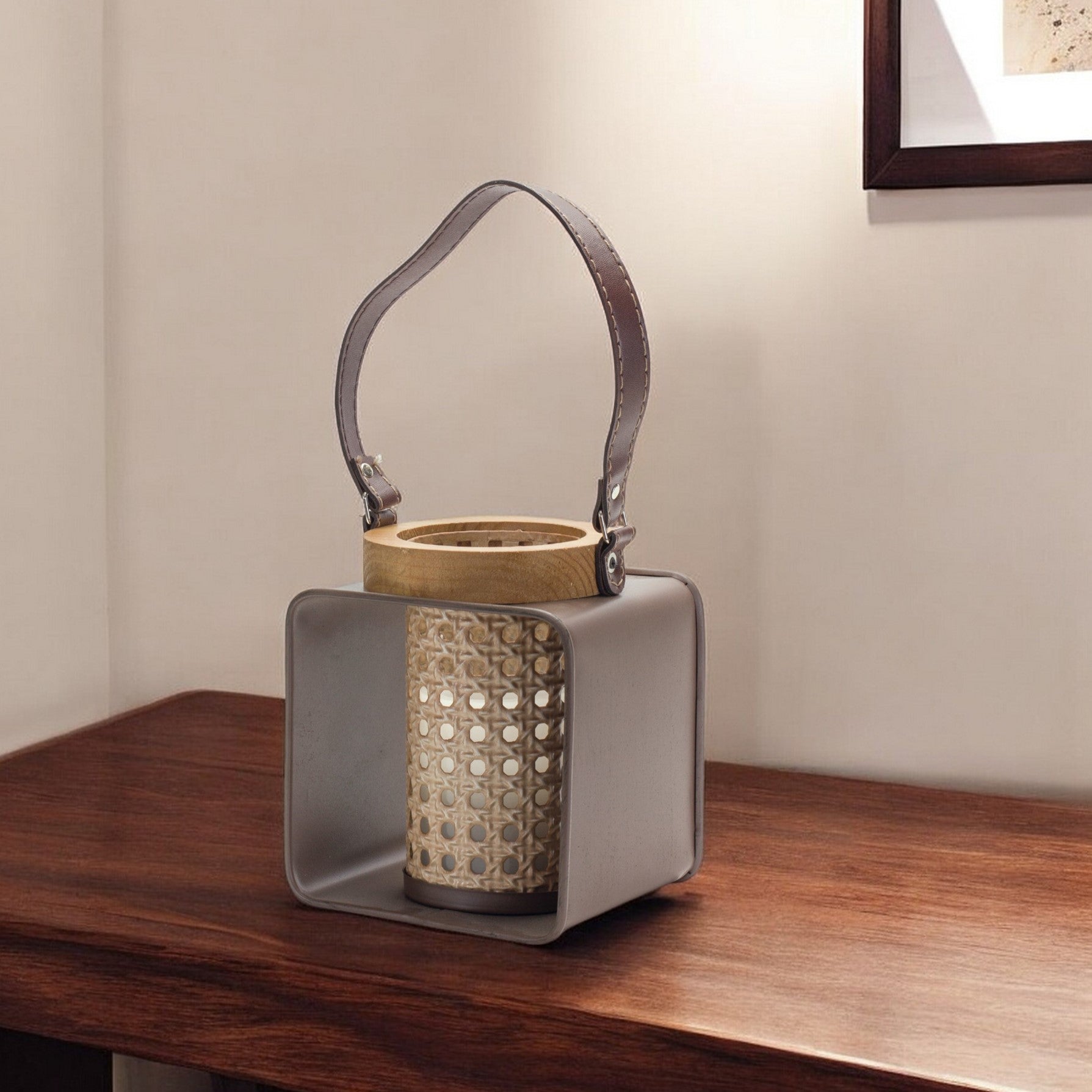 7" Natural And Brown Distressed Lattice Iron And Wood Tabletop Lantern Candle Holder-Candle Holders-DECOROLALA