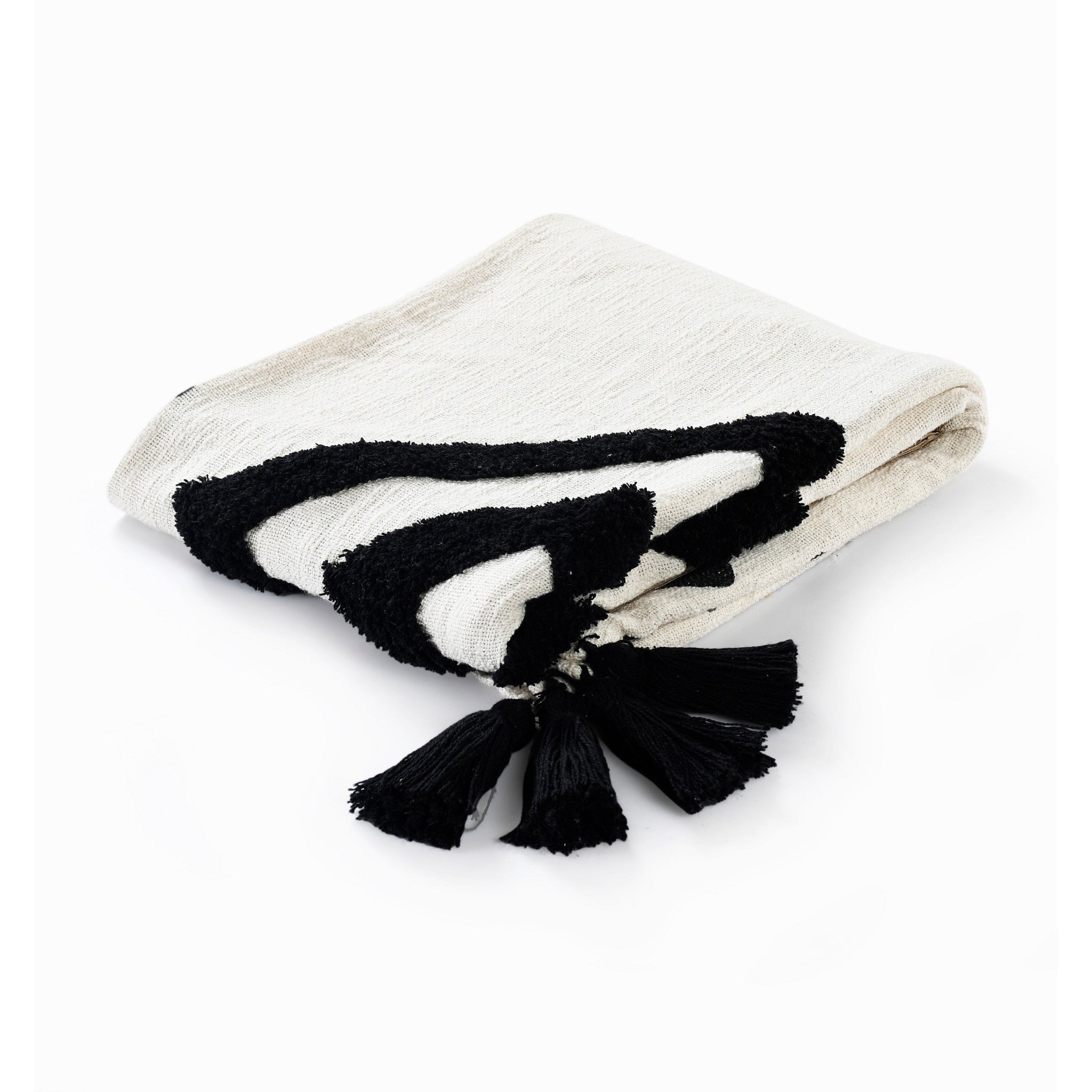 50" X 60" Black and White Woven Cotton Geometric Throw Blanket with Tassels-Throws & Blankets-DECOROLALA