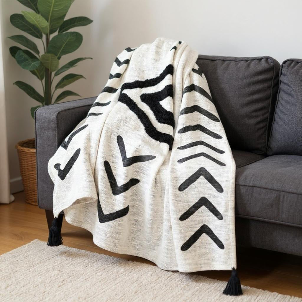 50" X 60" Black and White Woven Cotton Geometric Throw Blanket with Tassels-Throws & Blankets-DECOROLALA
