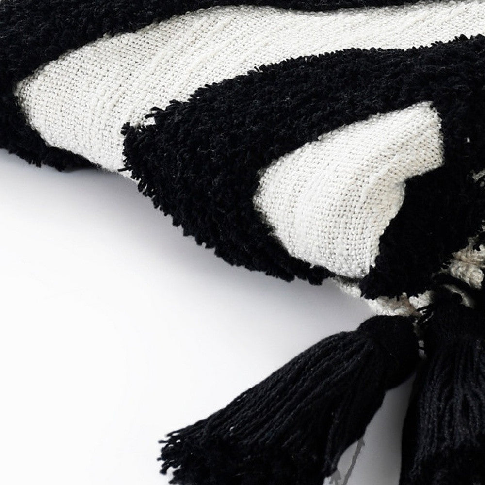 50" X 60" Black and White Woven Cotton Geometric Throw Blanket with Tassels-Throws & Blankets-DECOROLALA