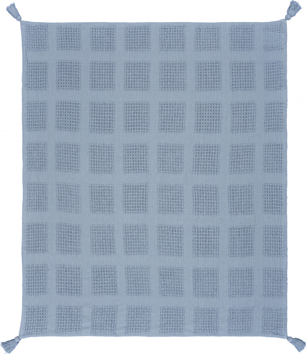 50" X 60" Blue Woven Cotton Throw Blanket with Tassels-Throws & Blankets-DECOROLALA