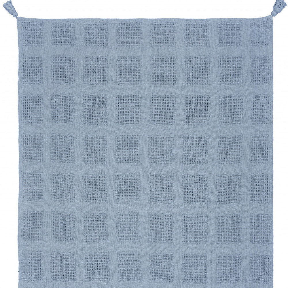 50" X 60" Blue Woven Cotton Throw Blanket with Tassels-Throws & Blankets-DECOROLALA