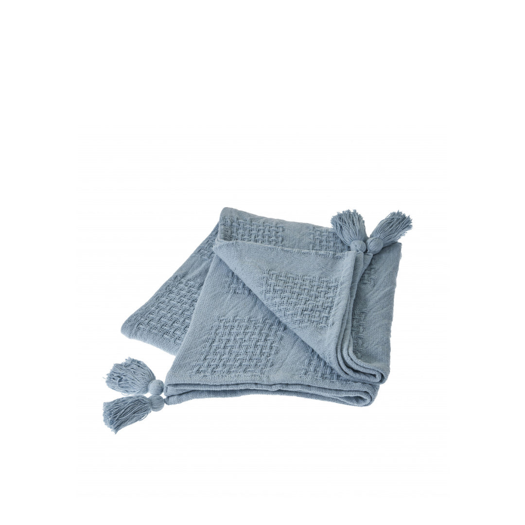 50" X 60" Blue Woven Cotton Throw Blanket with Tassels-Throws & Blankets-DECOROLALA