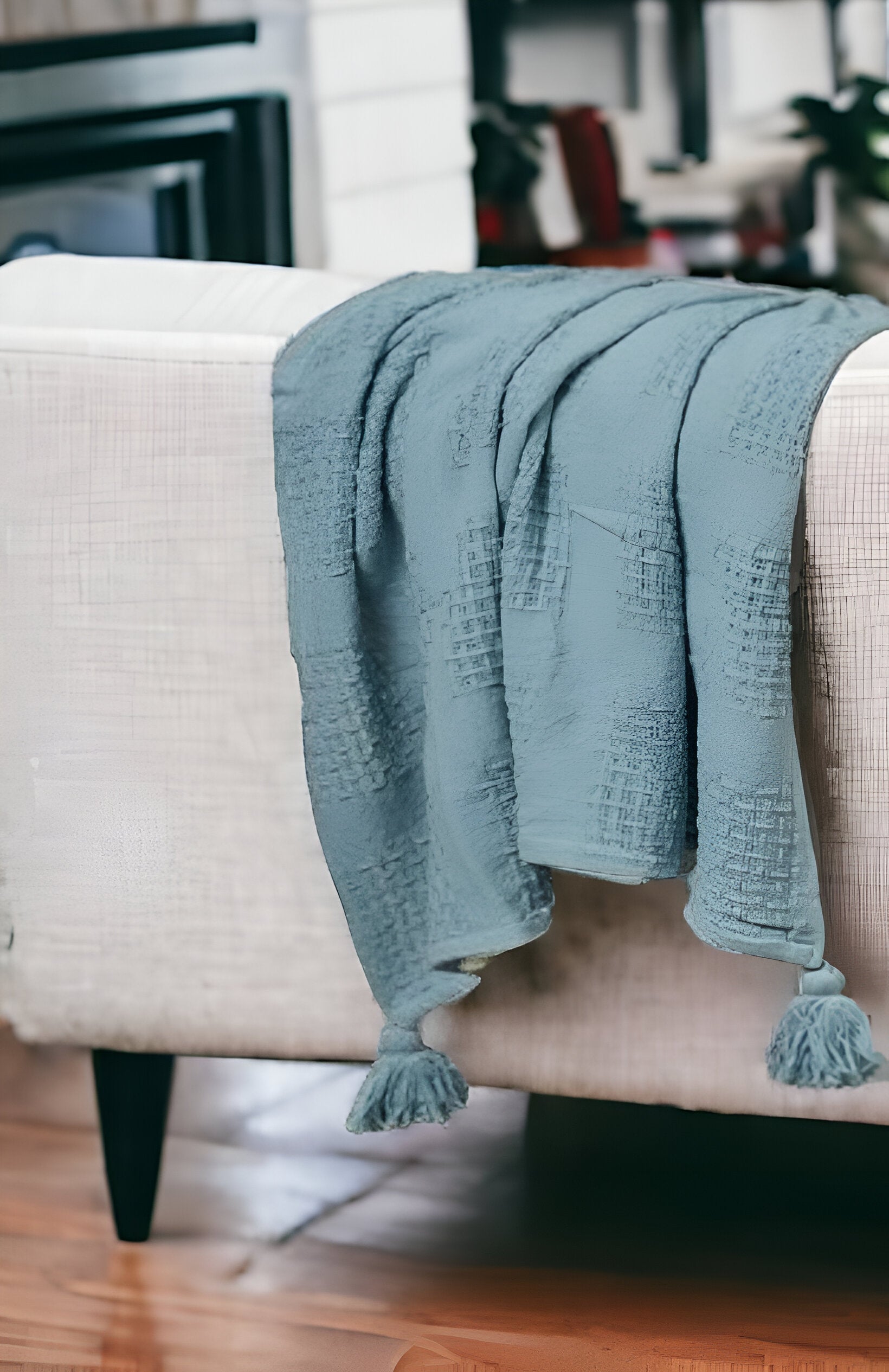 50" X 60" Blue Woven Cotton Throw Blanket with Tassels-Throws & Blankets-DECOROLALA