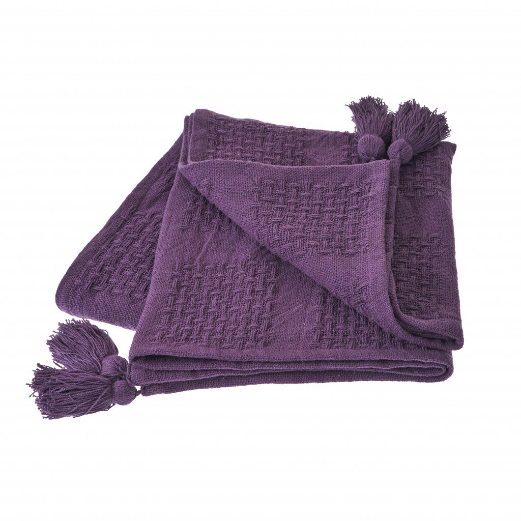 50" X 60" Purple Woven Cotton Throw Blanket with Tassels-Throws & Blankets-DECOROLALA