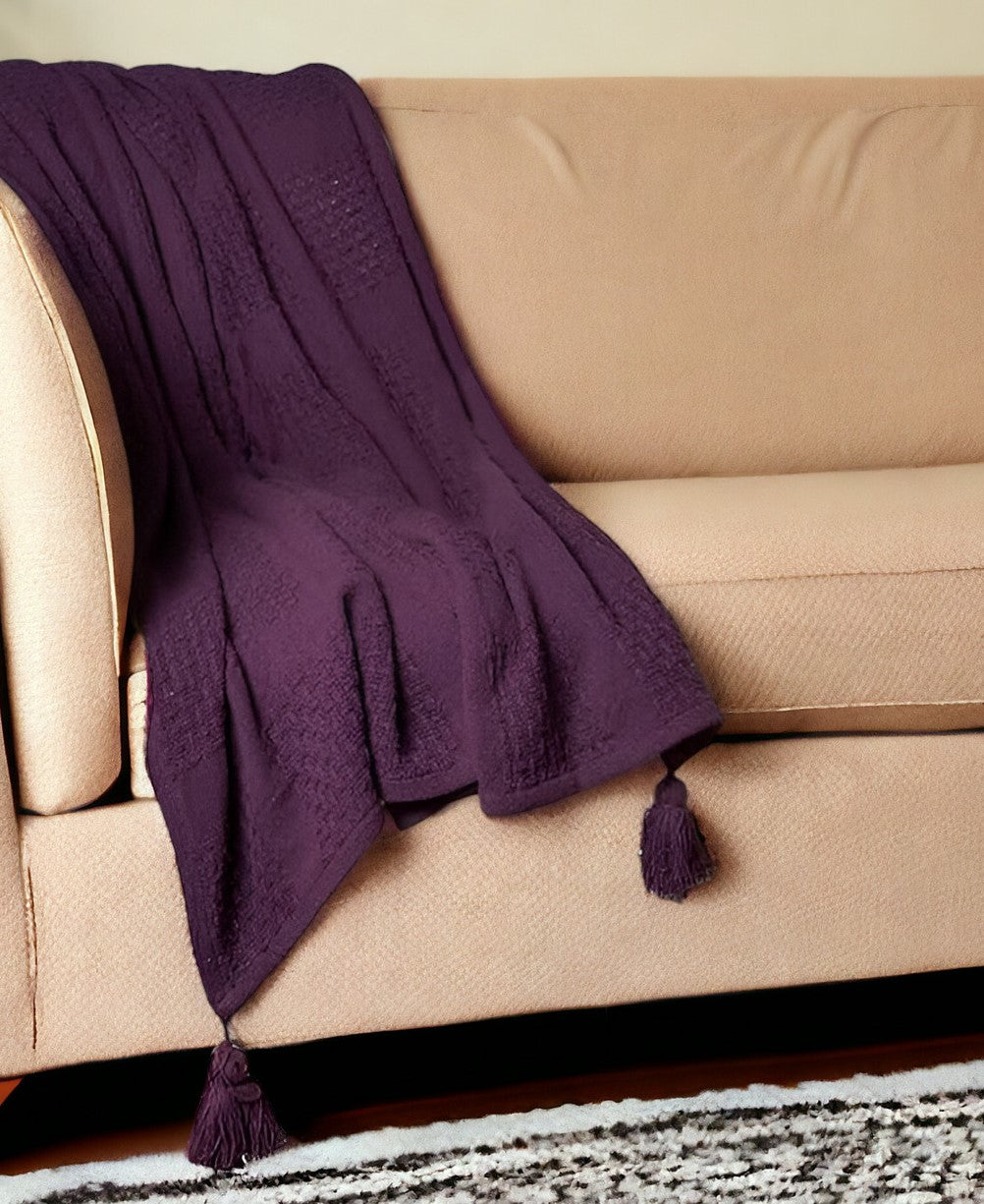 50" X 60" Purple Woven Cotton Throw Blanket with Tassels-Throws & Blankets-DECOROLALA