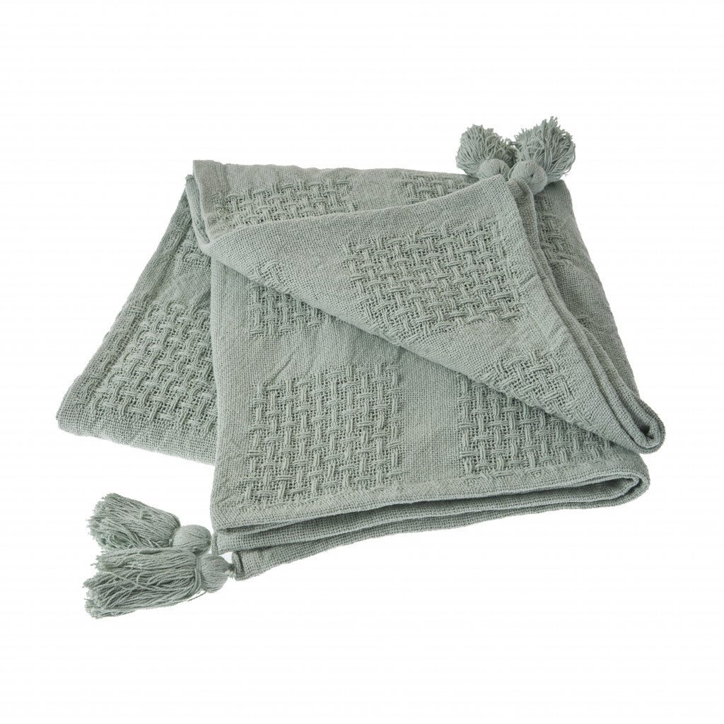 50" X 60" Green Woven Cotton Throw Blanket with Tassels-Throws & Blankets-DECOROLALA