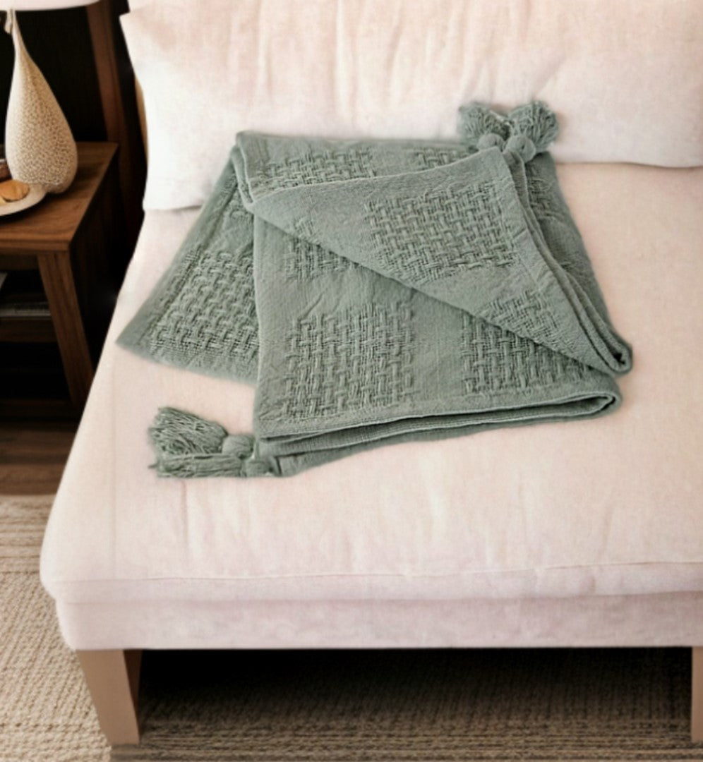 50" X 60" Green Woven Cotton Throw Blanket with Tassels-Throws & Blankets-DECOROLALA