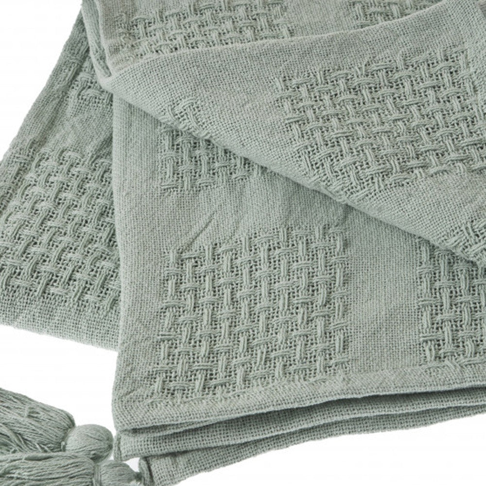 50" X 60" Green Woven Cotton Throw Blanket with Tassels-Throws & Blankets-DECOROLALA