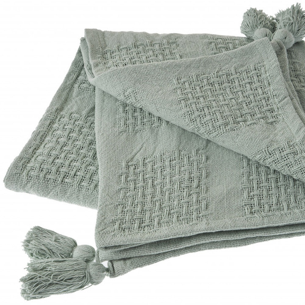 50" X 60" Green Woven Cotton Throw Blanket with Tassels-Throws & Blankets-DECOROLALA