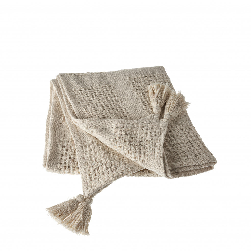50" X 60" Cream Cotton Woven Throw Blanket with Tassels-Throws & Blankets-DECOROLALA