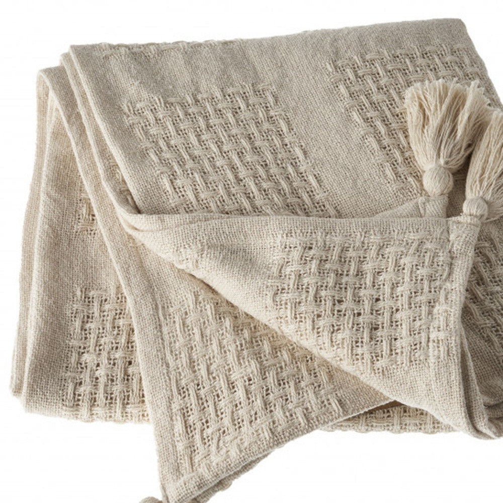 50" X 60" Cream Cotton Woven Throw Blanket with Tassels-Throws & Blankets-DECOROLALA