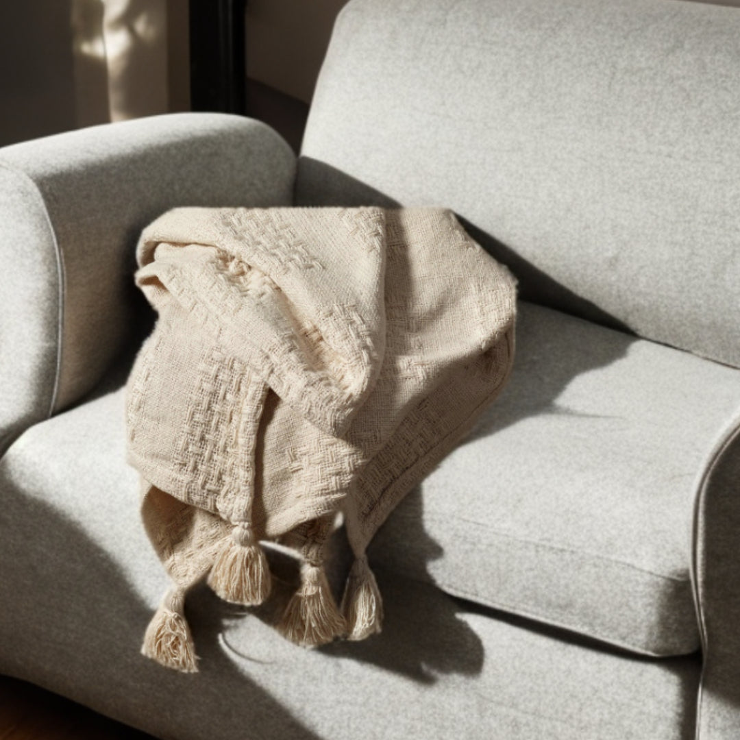 50" X 60" Cream Cotton Woven Throw Blanket with Tassels-Throws & Blankets-DECOROLALA