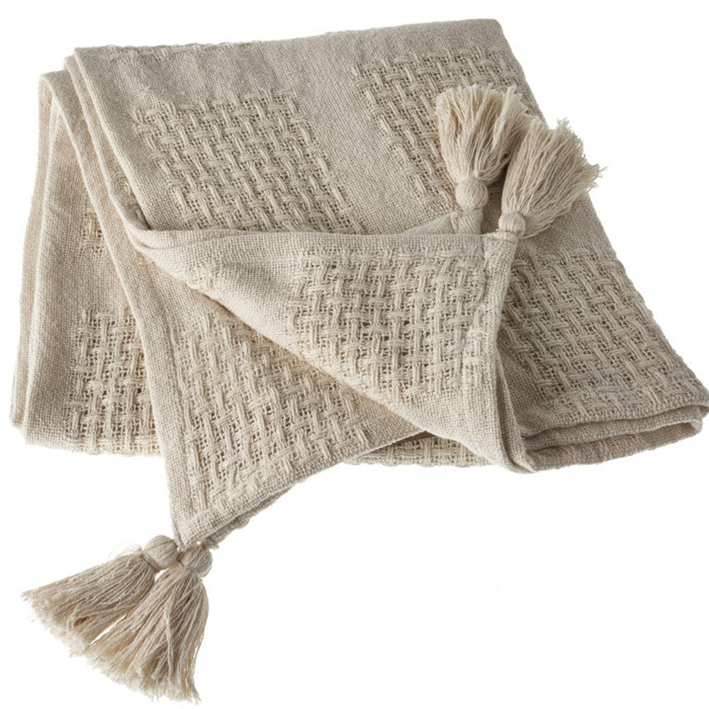 50" X 60" Cream Cotton Woven Throw Blanket with Tassels-Throws & Blankets-DECOROLALA