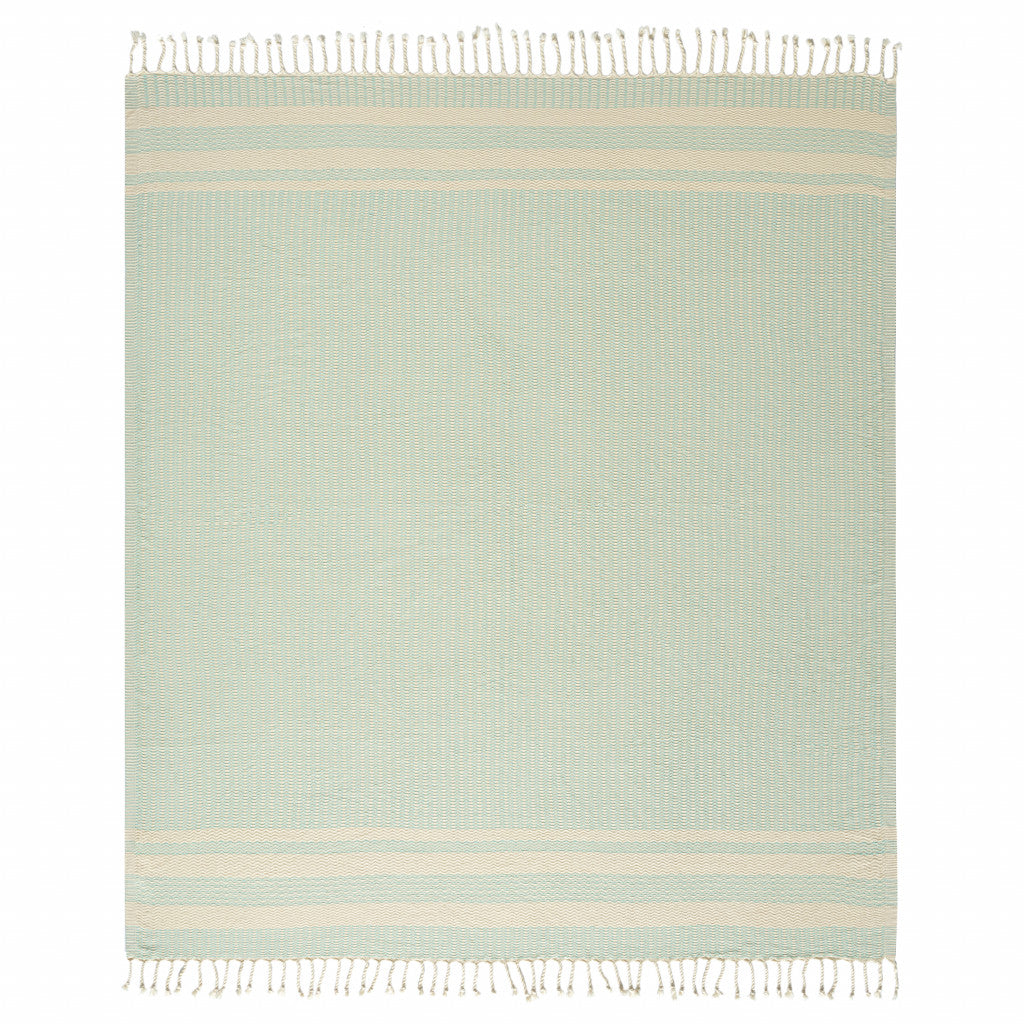 50" X 60" Turquoise Woven Cotton Striped Throw Blanket with Fringe-Throws & Blankets-DECOROLALA
