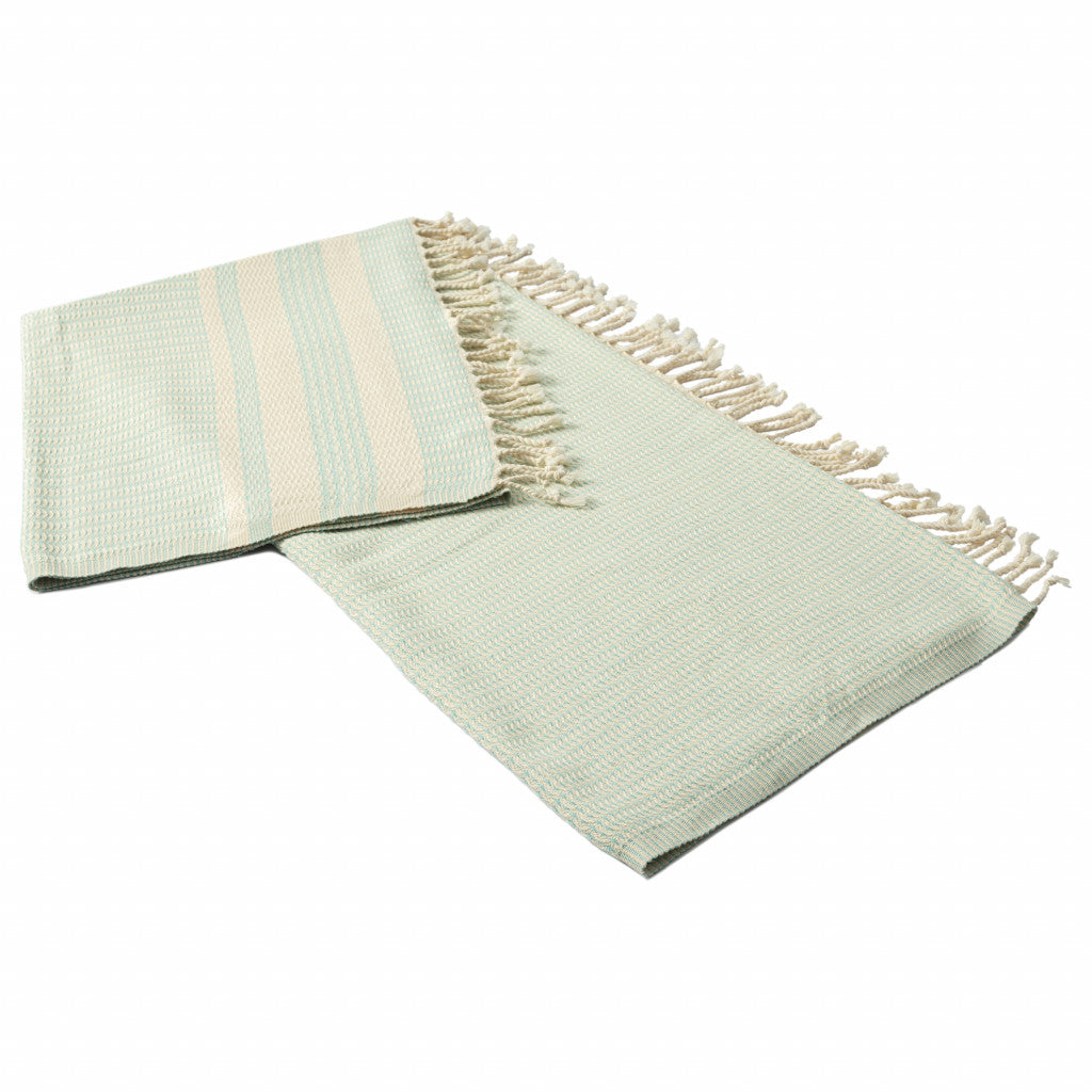 50" X 60" Turquoise Woven Cotton Striped Throw Blanket with Fringe-Throws & Blankets-DECOROLALA