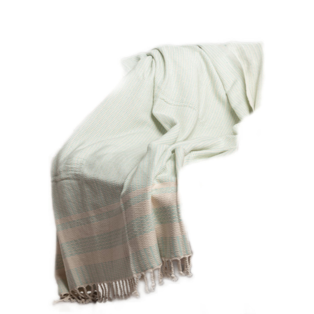 50" X 60" Turquoise Woven Cotton Striped Throw Blanket with Fringe-Throws & Blankets-DECOROLALA