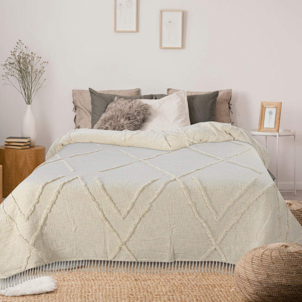 Ivory Geometric Queen Cotton Coverlet With Fringe-Comforters and Quilts-DECOROLALA