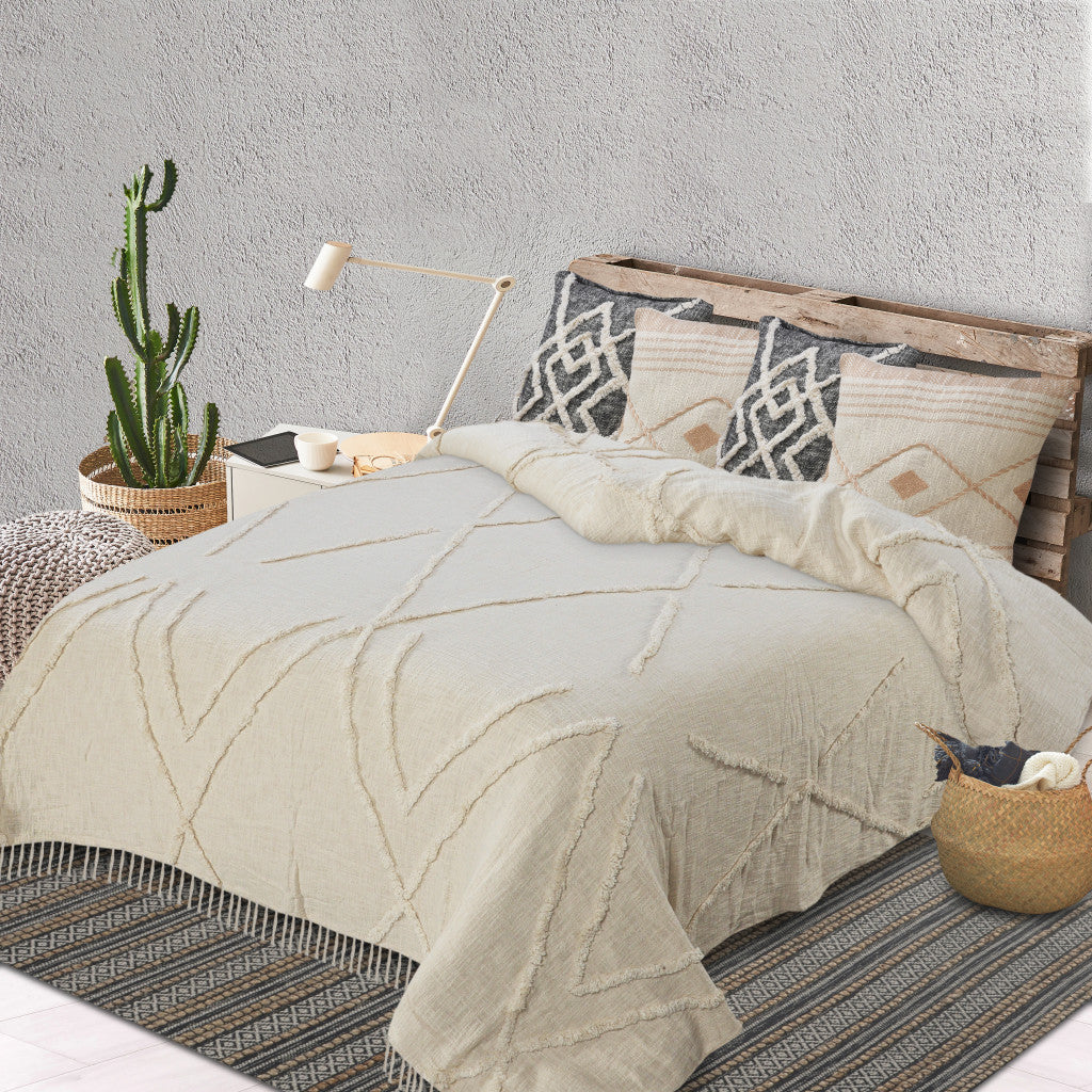 Ivory Geometric Queen Cotton Coverlet With Fringe-Comforters and Quilts-DECOROLALA