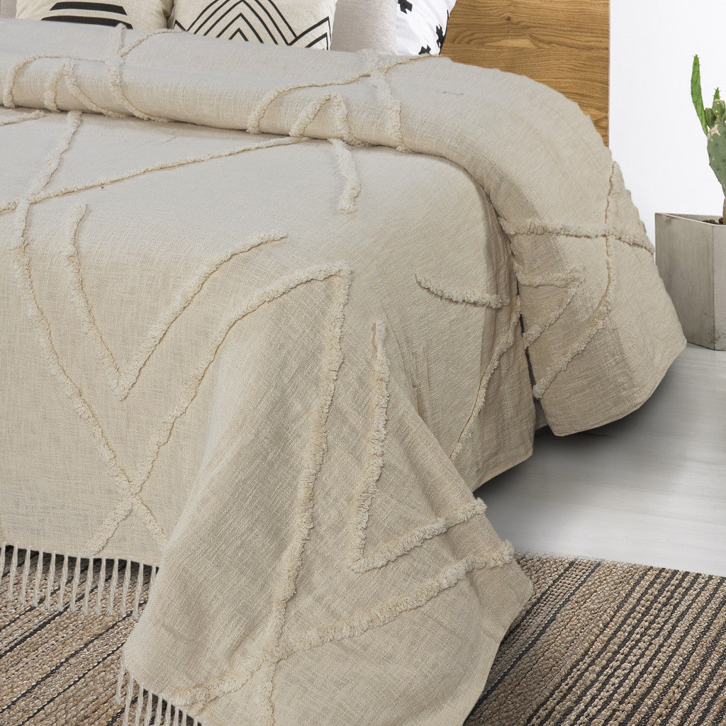Ivory Geometric Queen Cotton Coverlet With Fringe-Comforters and Quilts-DECOROLALA