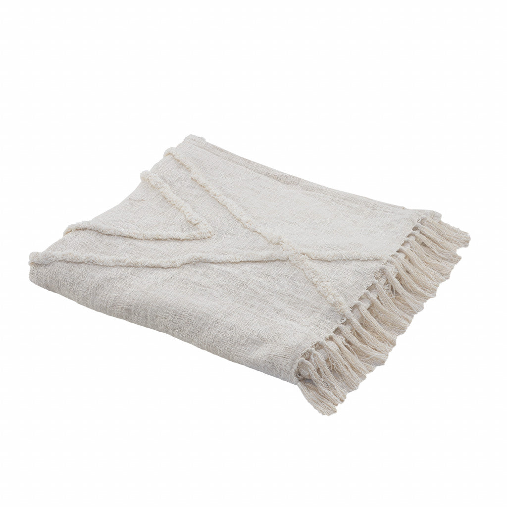 Ivory Geometric King Cotton Coverlet With Fringe-Comforters and Quilts-DECOROLALA