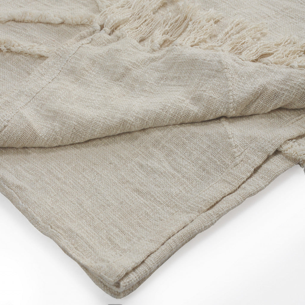Ivory Geometric King Cotton Coverlet With Fringe-Comforters and Quilts-DECOROLALA