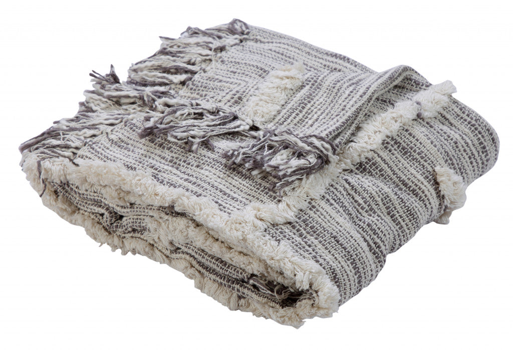 60" X 50" Gray Woven Cotton Striped Throw Blanket with Fringe-Throws & Blankets-DECOROLALA