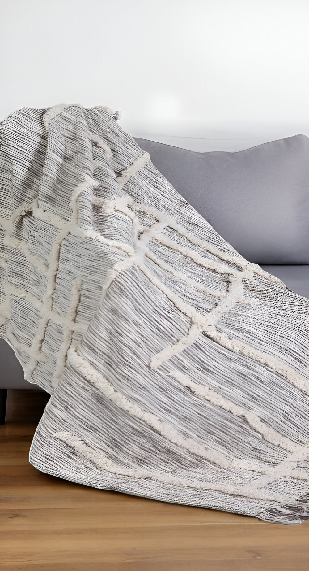 60" X 50" Gray Woven Cotton Striped Throw Blanket with Fringe-Throws & Blankets-DECOROLALA