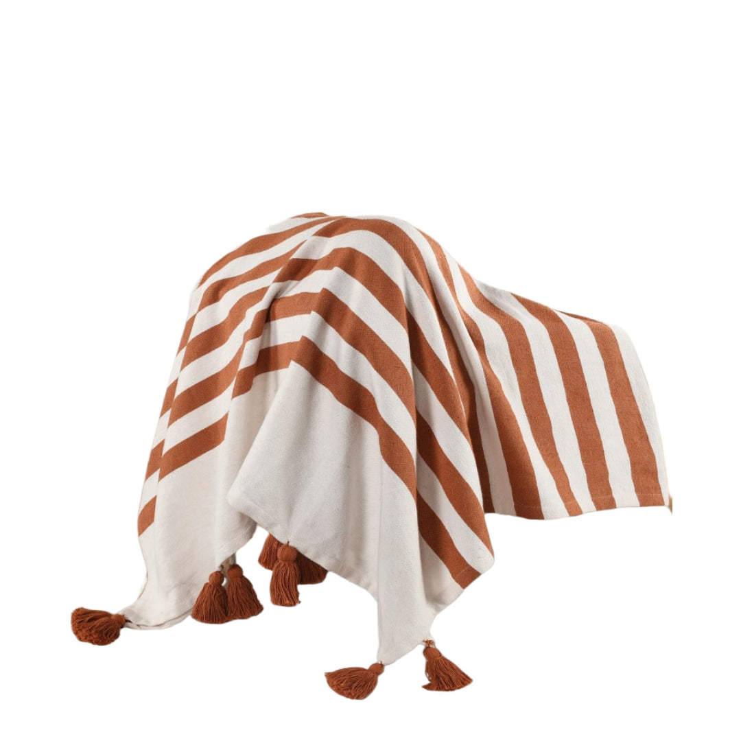 50" X 60" Orange Woven Cotton Striped Throw Blanket with Tassels-Throws & Blankets-DECOROLALA