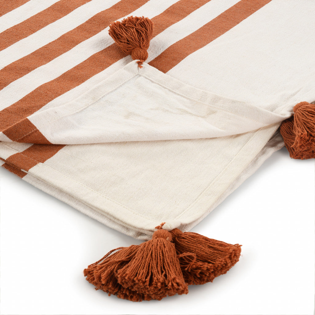 50" X 60" Orange Woven Cotton Striped Throw Blanket with Tassels-Throws & Blankets-DECOROLALA