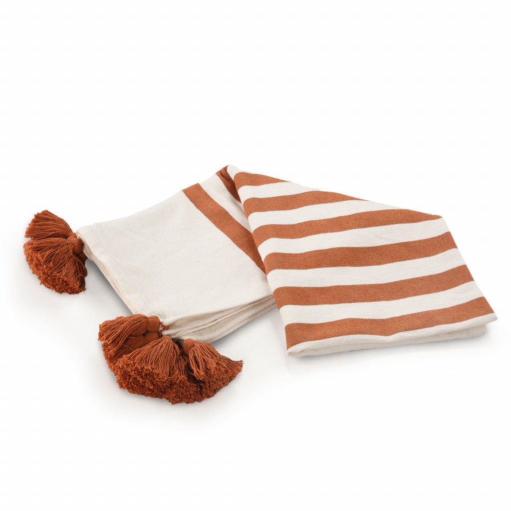 50" X 60" Orange Woven Cotton Striped Throw Blanket with Tassels-Throws & Blankets-DECOROLALA