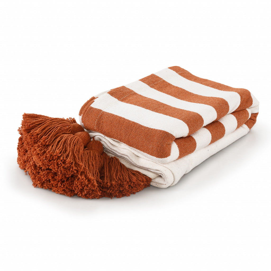 50" X 60" Orange Woven Cotton Striped Throw Blanket with Tassels-Throws & Blankets-DECOROLALA