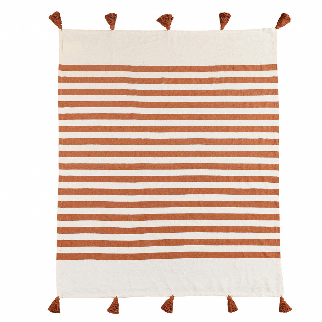 50" X 60" Orange Woven Cotton Striped Throw Blanket with Tassels-Throws & Blankets-DECOROLALA
