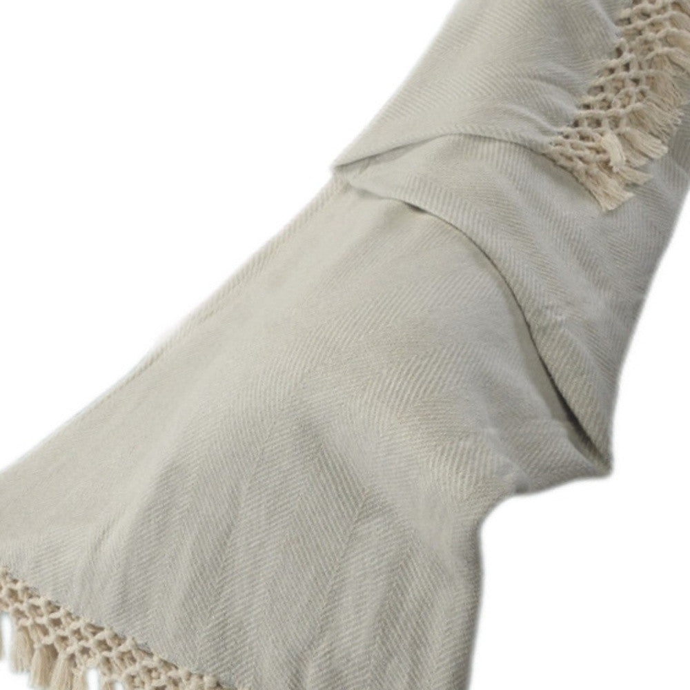 50" X 60" Gray Woven Cotton Herringbone Throw Blanket with Tassels-Throws & Blankets-DECOROLALA