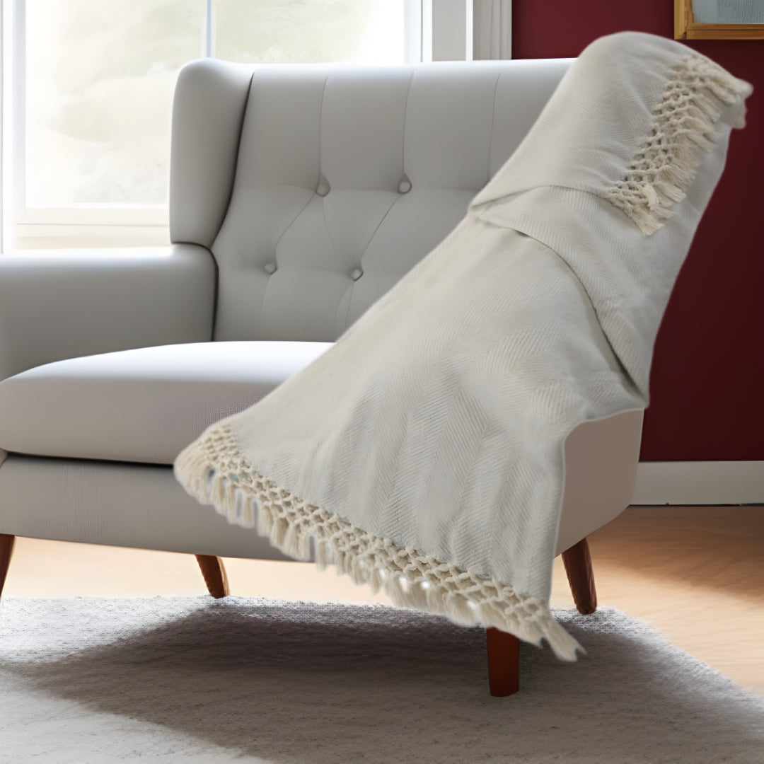 50" X 60" Gray Woven Cotton Herringbone Throw Blanket with Tassels-Throws & Blankets-DECOROLALA