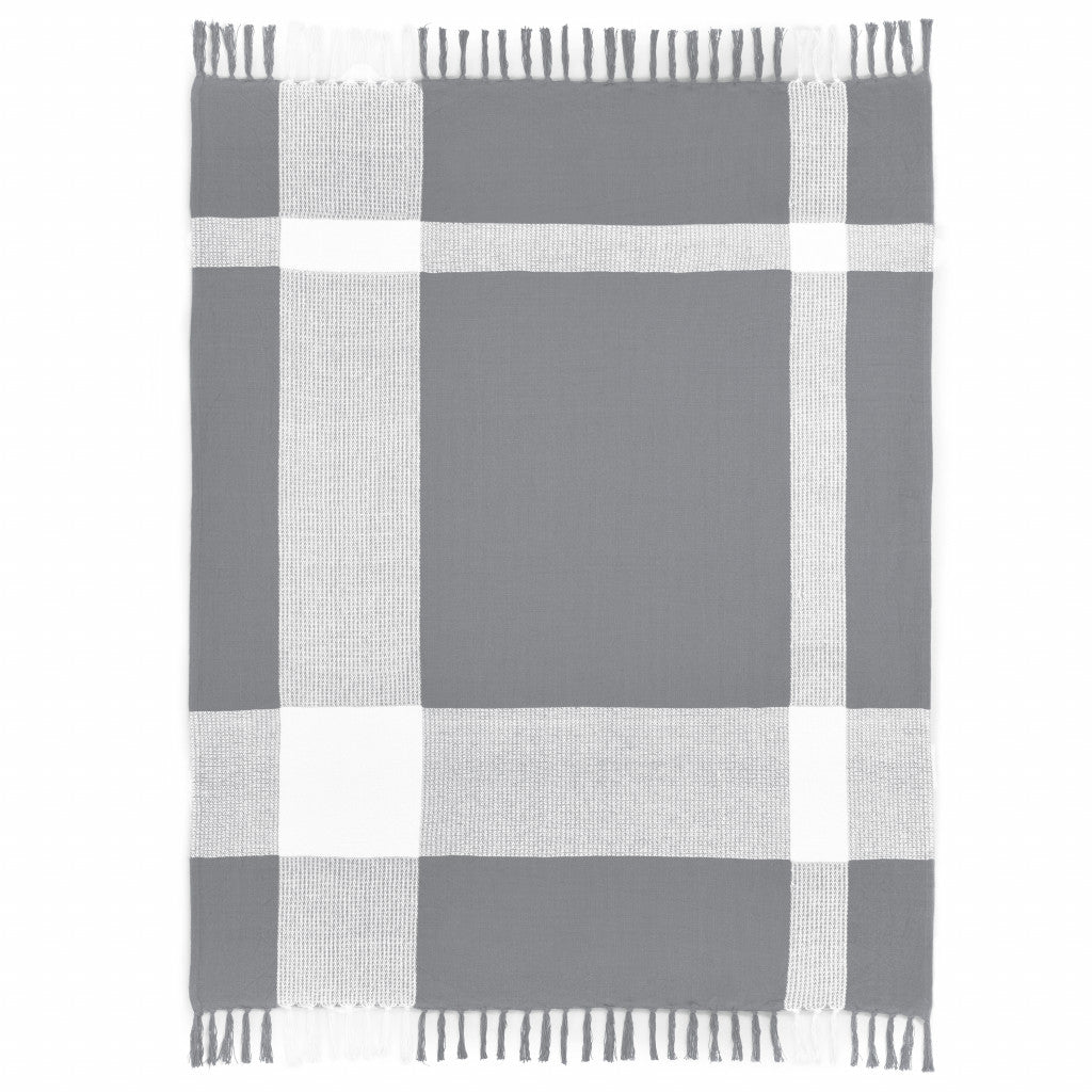 50" X 60" Gray Woven Cotton Checkered Throw Blanket with Fringe-Throws & Blankets-DECOROLALA