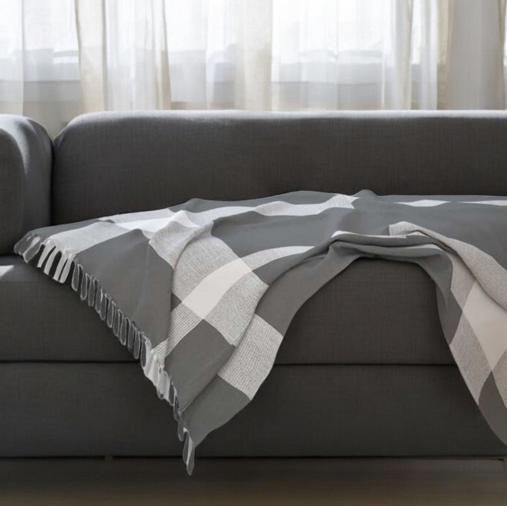 50" X 60" Gray Woven Cotton Checkered Throw Blanket with Fringe-Throws & Blankets-DECOROLALA