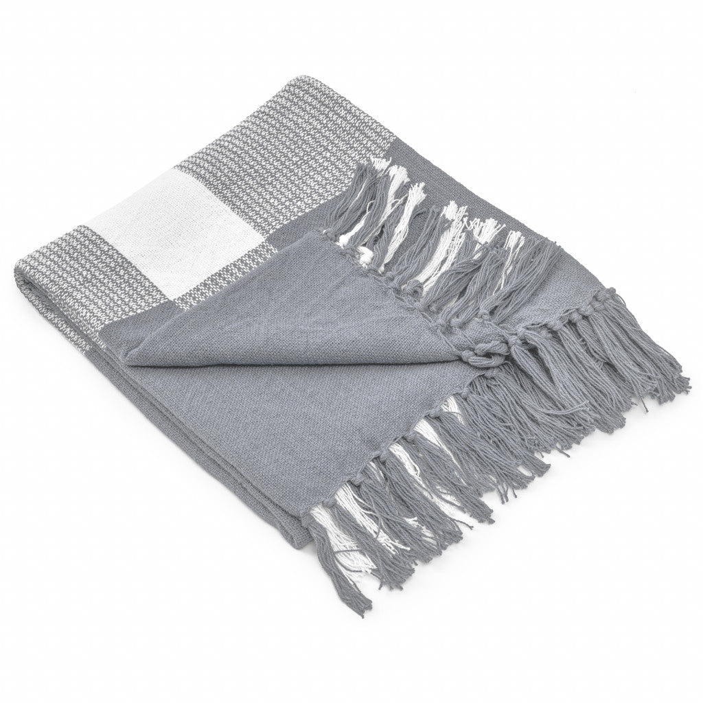 50" X 60" Gray Woven Cotton Checkered Throw Blanket with Fringe-Throws & Blankets-DECOROLALA