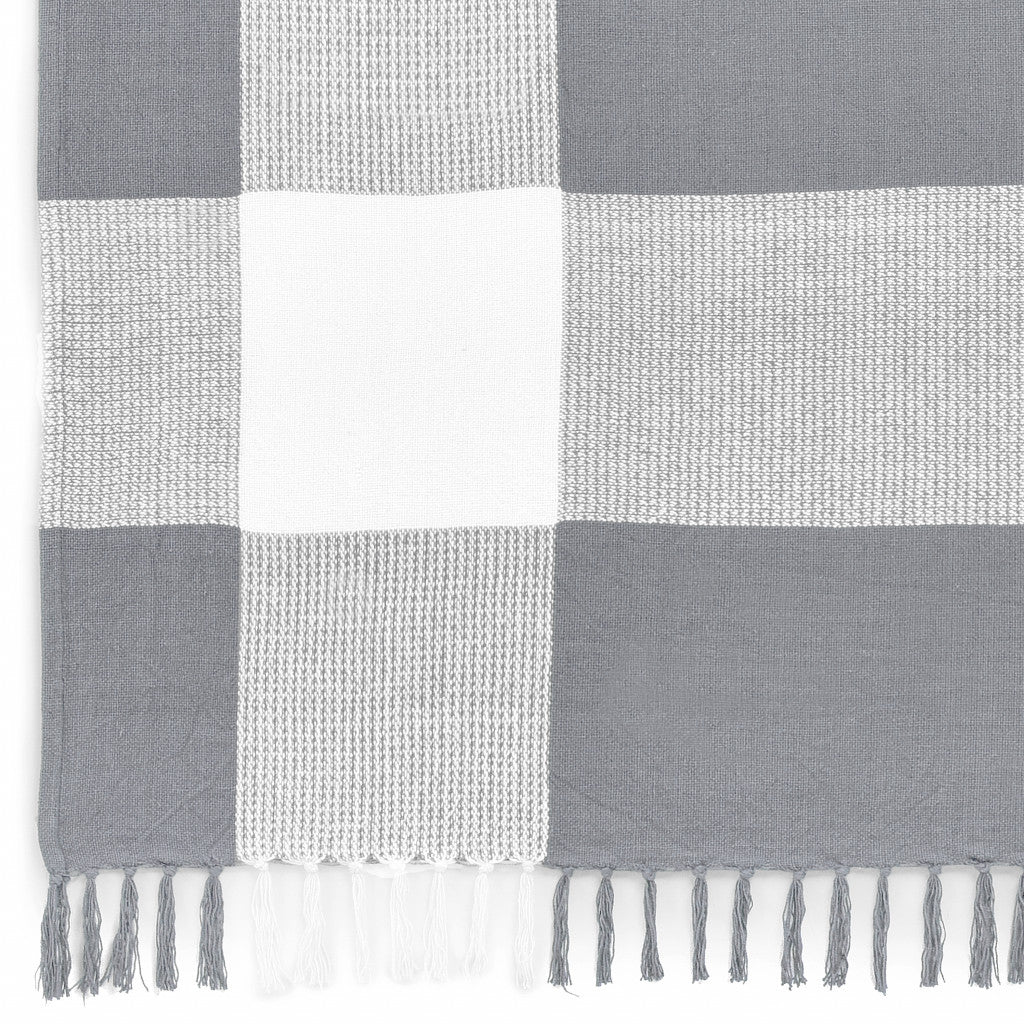 50" X 60" Gray Woven Cotton Checkered Throw Blanket with Fringe-Throws & Blankets-DECOROLALA