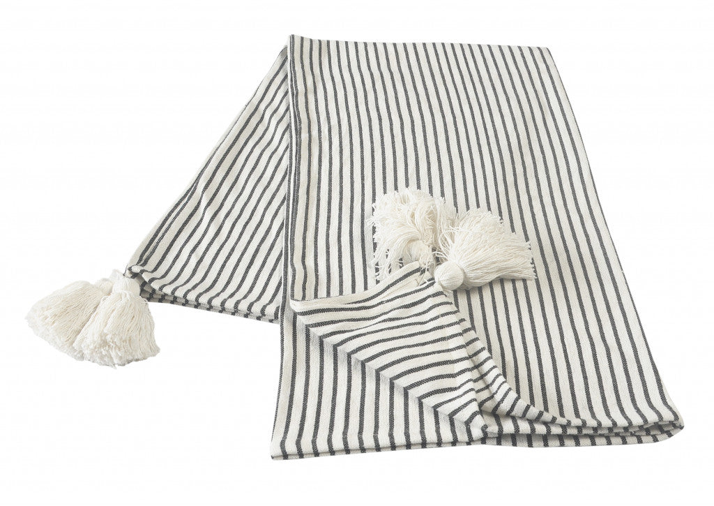 50" X 60" Black and White Woven Cotton Striped Throw Blanket with Tassels-Throws & Blankets-DECOROLALA