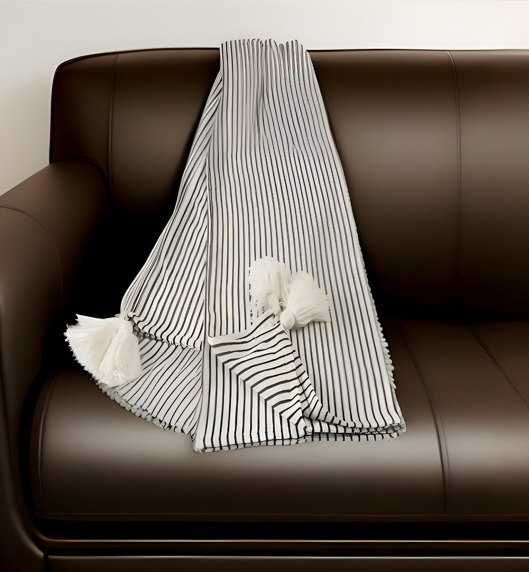 50" X 60" Black and White Woven Cotton Striped Throw Blanket with Tassels-Throws & Blankets-DECOROLALA