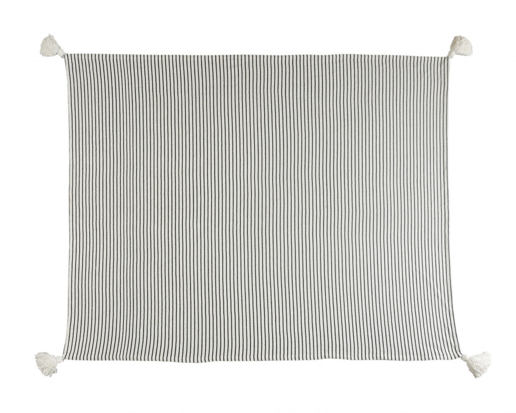 50" X 60" Black and White Woven Cotton Striped Throw Blanket with Tassels-Throws & Blankets-DECOROLALA