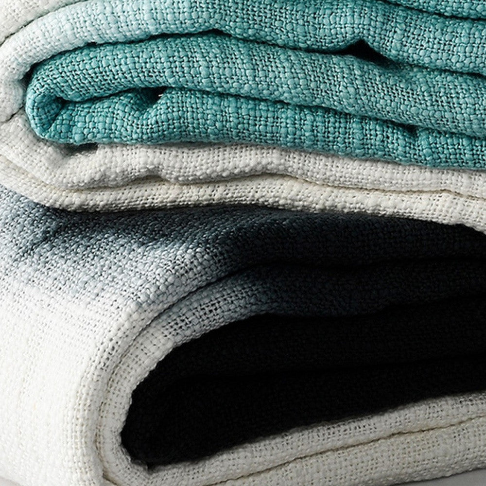 50" X 60" Blue and White Woven Cotton Ombre Throw Blanket with Fringe-Throws & Blankets-DECOROLALA