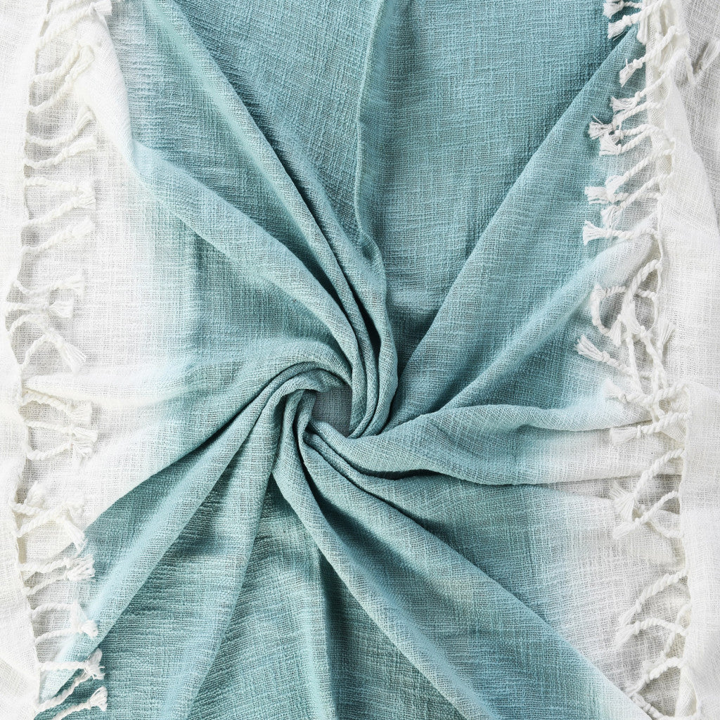 50" X 60" Blue and White Woven Cotton Ombre Throw Blanket with Fringe-Throws & Blankets-DECOROLALA
